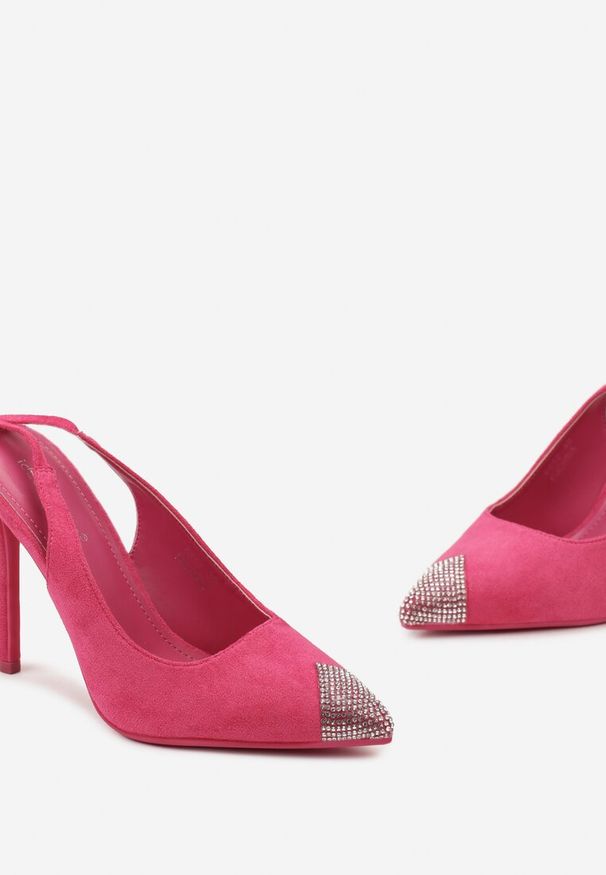 Renee - Fuksjowe Sandały z Noskiem Ozdobionym Cyrkoniami i Wiązaniem wokół Łydki na Szpilce Hlienoma. Kolor: różowy. Wzór: aplikacja. Obcas: na szpilce. Styl: wizytowy, elegancki