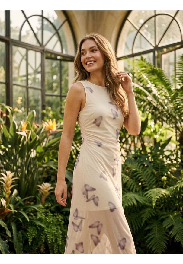 Sinsay - Dopasowana sukienka midi z rozcięciem i marszczeniami - wielobarwny. Długość: midi