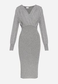 Born2be - Szara Dopasowana Sukienka z Kopertowym Dekoltem i Bufiastymi Rękawami Ulonissa. Kolor: szary. Materiał: tkanina. Sezon: zima. Typ sukienki: kopertowe. Styl: klasyczny #5