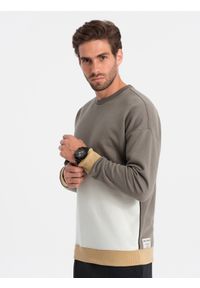 Ombre Clothing - Bluza męska OVERSIZE z kontrastowym łączeniem kolorów - khaki V7 - Rozmiar: XL. Kolor: brązowy. Materiał: materiał, poliester, bawełna. Wzór: aplikacja