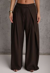 Renee - Brązowe Garniturowe Spodnie High Waist Wide Leg z Zakładkami w Pasie Philisia. Stan: podwyższony. Kolor: brązowy. Styl: elegancki #4