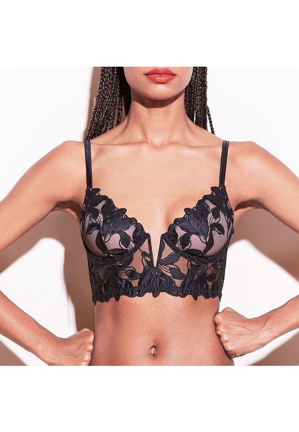 Intica - Koronkowa braletka z fiszbinami regulowane ramiączka elegancki styl Waltraude. Kolor: niebieski. Materiał: koronka. Rodzaj stanika: biustonosz z fiszbinami. Wzór: koronka