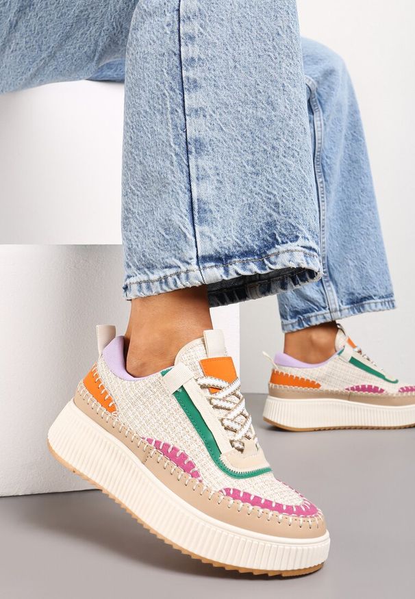 Renee - Beżowe Tweedowe Sneakersy na Platformie z Przeszyciem Orilenes. Kolor: beżowy. Obcas: na platformie