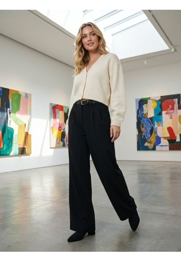 Sinsay - Spodnie wide leg z paskiem - czarny. Kolor: czarny