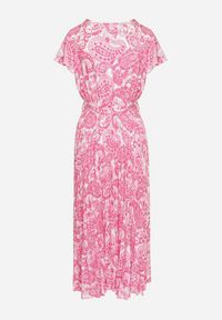 Born2be - Różowa Sukienka z Kopertowym Dekoltem z Gumką w Talii i Materiałowym Paskiem Xelovia. Okazja: na co dzień. Kolor: różowy. Materiał: materiał. Typ sukienki: kopertowe. Styl: elegancki, casual #4