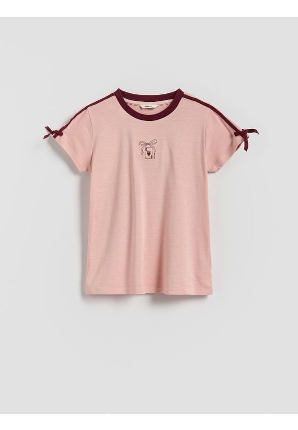 Reserved - T-shirt z lampasami - różowy. Kolor: różowy. Materiał: bawełna