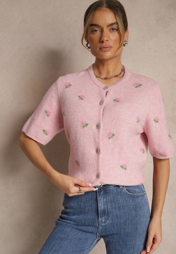 Renee - Różowy Wzorzysty Sweter Kardigan z Krótkim Rękawem z Dodatkiem Wełny Korivelle. Okazja: na spotkanie biznesowe, na co dzień, do pracy. Kolor: różowy. Materiał: wełna. Długość rękawa: krótki rękaw. Długość: krótkie. Styl: elegancki, biznesowy, casual