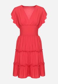 Born2be - Czerwona Gładka Sukienka Mini Taliowana z Falbankami Wokół Ramion Zynnas. Typ kołnierza: kołnierz z falbankami. Kolor: czerwony. Wzór: gładki. Sezon: lato. Długość: mini #6