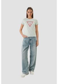 Guess - GUESS Miętowy bawełniany t-shirt damski na krótki rękaw Original, Rozmiar XS. Okazja: na co dzień. Kolor: zielony. Materiał: bawełna. Długość rękawa: krótki rękaw. Długość: krótkie. Styl: casual, klasyczny #5