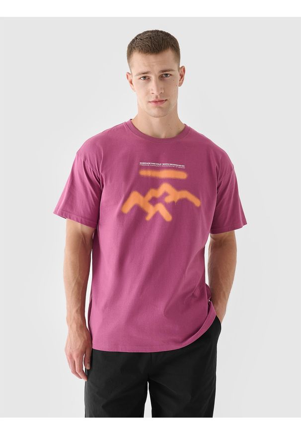4f - 4F T-shirt oversize z nadrukiem męski - czerwony M. Okazja: na co dzień. Kolor: czerwony. Materiał: dzianina, jersey, bawełna. Długość rękawa: krótki rękaw. Długość: krótkie. Wzór: nadruk. Styl: sportowy, klasyczny, casual