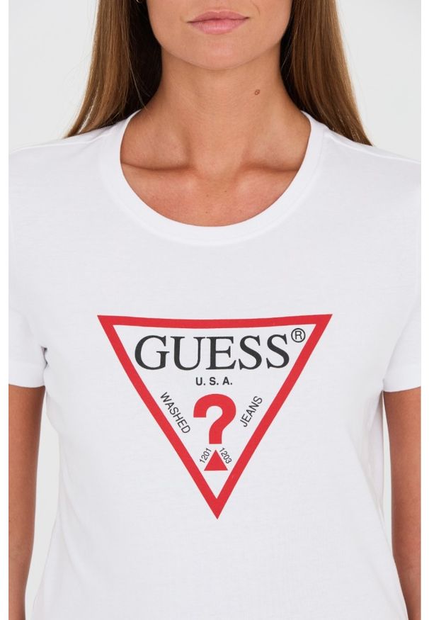 Guess - GUESS Biały damski t-shirt bawełniany Original Tee, Rozmiar M. Kolor: biały. Materiał: bawełna