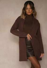 Renee - Brązowy Długi Niezapinany Kardigan z Kaszmirem Palmire. Okazja: na co dzień. Kolor: brązowy. Materiał: kaszmir. Długość: długie. Styl: casual #5