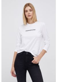 Calvin Klein Jeans - Longsleeve bawełniany. Okazja: na co dzień. Kolor: biały. Materiał: bawełna. Długość rękawa: długi rękaw. Wzór: nadruk. Styl: casual