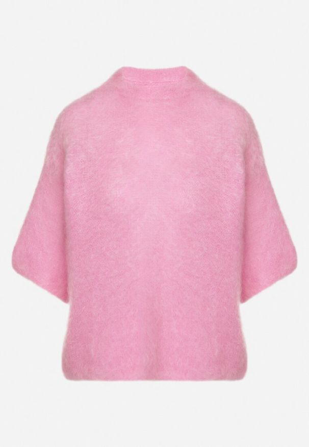 Born2be - Różowy Moherowy Sweter o Kroju Nietoperza z Rękawami 3/4 Eleanira. Okazja: na co dzień. Kolor: różowy. Materiał: moher. Wzór: aplikacja, ze splotem. Sezon: zima, jesień. Styl: klasyczny, elegancki, casual