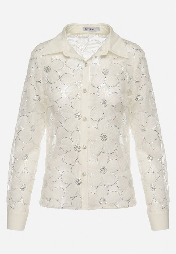 Born2be - Biała Przezroczysta Koszula z Perełkami i Cekinami z Motywem Kwiatów Raviona. Kolor: beżowy. Wzór: kwiaty