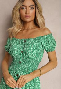 Renee - Zielona Kwiecista Sukienka z Bawełny z Gumkami w Pasie Herata. Kolor: zielony. Materiał: bawełna. Sezon: wiosna