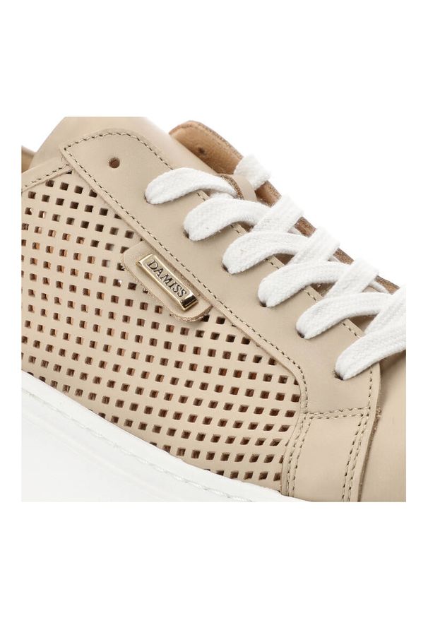 DAMISS - Beżowe Sneakersy Damiss Wygodne Ażurowe Obuwie Damskie. Kolor: beżowy. Materiał: skóra. Wzór: ażurowy