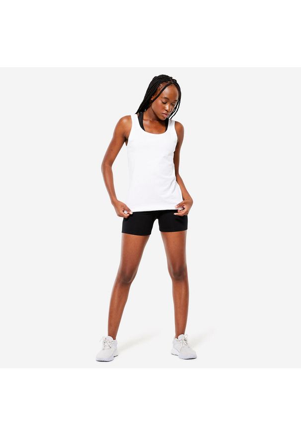 DOMYOS - Spodenki fitness damskie Domyos 500 slim. Kolor: czarny. Materiał: bawełna, elastan, materiał. Sport: fitness