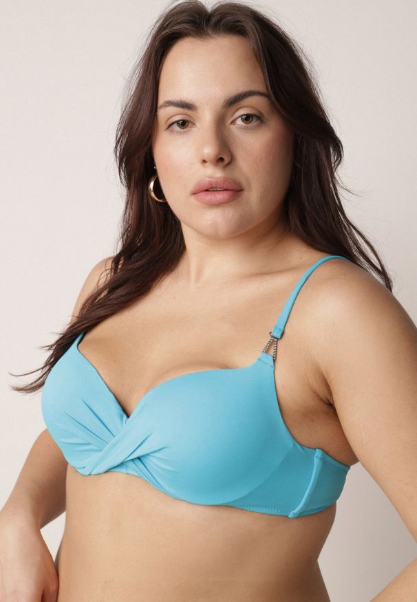 Born2be - Jasnoniebieskie Bikini z Marszczonym Biustonoszem i Figami Kąpielowymi z Cyrkoniami Kaliasa. Kolekcja: plus size. Kolor: niebieski. Długość: długie. Wzór: aplikacja
