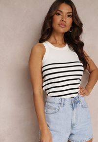 Renee - Biały Tank Top w Paski z Okrągłym Dekoltem Acamena. Okazja: na co dzień. Kolor: biały. Materiał: materiał. Wzór: paski. Styl: casual #4
