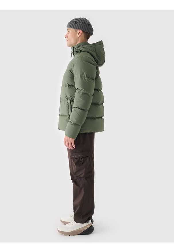 4f - 4F Kurtka zimowa puchowa z naturalnym wypełnieniem męska - oliwkowa/khaki XXL. Okazja: na co dzień. Typ kołnierza: kaptur. Kolor: brązowy, wielokolorowy, oliwkowy. Materiał: puch. Sezon: zima. Styl: klasyczny, sportowy, casual
