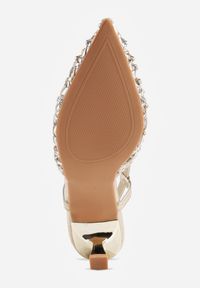 Renee - Złote Sandały na Szpilce z Ażurową Szydełkową Cholewką Navioil. Zapięcie: pasek. Kolor: złoty. Materiał: satyna, len. Wzór: ażurowy. Obcas: na szpilce. Wysokość obcasa: średni #9