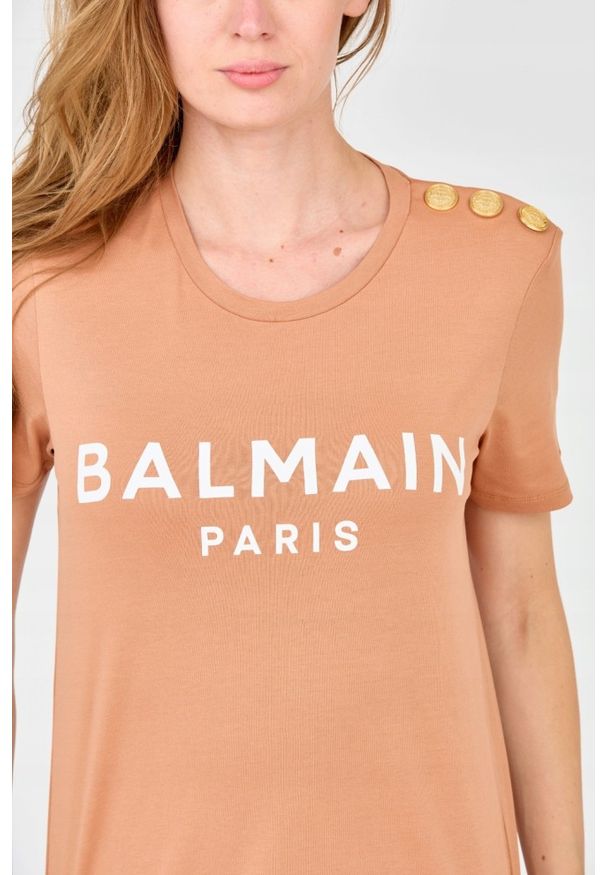 Balmain - BALMAIN Brązowy damski t-shirt z guzikami, Rozmiar M. Kolor: brązowy. Materiał: bawełna