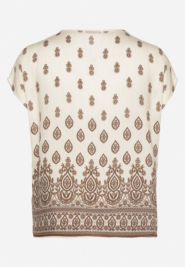 Born2be - Biało-Brązowa Bluzka w Boho Wzór z Wiązaniem przy Dekolcie Jenalia. Kolor: brązowy. Materiał: jeans, materiał. Styl: boho