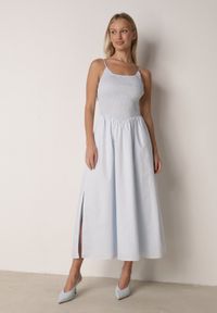 Born2be - Niebieska Bawełniana Sukienka Rozkloszowana z Elastyczną Górą i Wiązanymi Ramiączkami Nyphea. Okazja: na co dzień. Kolor: niebieski. Materiał: bawełna. Długość rękawa: na ramiączkach. Typ sukienki: proste. Styl: casual, elegancki #8