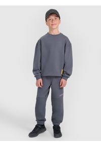 4f - 4F Bluza dresowa oversize nierozpinana bez kaptura chłopięca - szara 128 (7-8 lat). Okazja: na co dzień. Typ kołnierza: bez kaptura. Kolor: szary. Materiał: dresówka. Wzór: napisy, nadruk, ze splotem, gładki. Sezon: lato. Styl: sportowy, młodzieżowy, klasyczny, casual