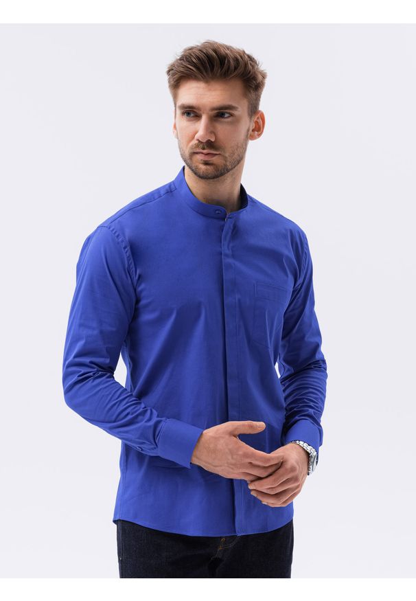 Niebieska koszula Ombre Clothing ze stójką, z długim rękawem, w jednolite wzory