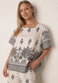 Born2be - Biały Komplet Wiskozowy Szerokie Spodnie i Luźna Bluzka z Nadrukiem Paisley Thela. Kolekcja: plus size. Kolor: biały. Materiał: wiskoza. Wzór: nadruk, paisley #7