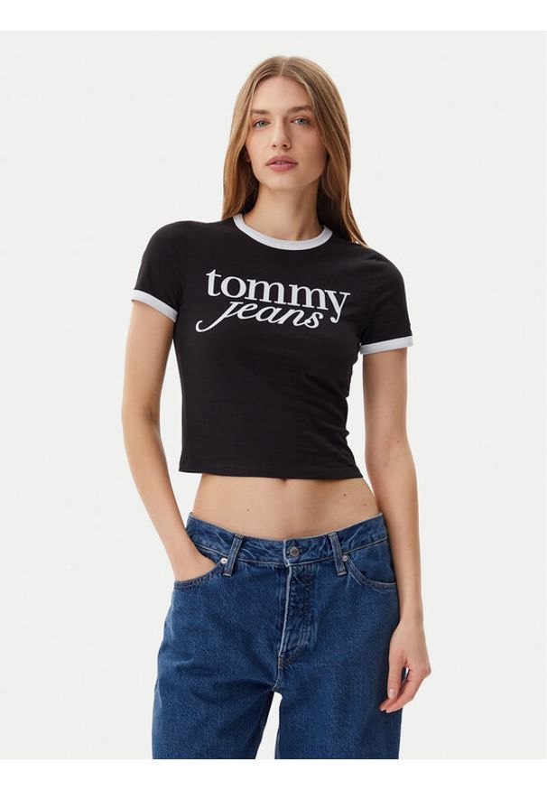 Tommy Jeans T-Shirt Script Ringer DW0DW20631 Czarny Slim Fit. Kolor: czarny. Materiał: bawełna