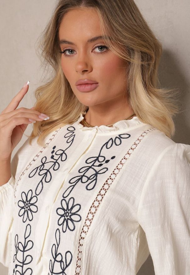 Renee - Beżowa Koszula z Wiskozą Bawełną i Haftem Nalorielle. Okazja: na co dzień. Kolor: beżowy. Materiał: bawełna, wiskoza. Wzór: haft. Styl: casual, elegancki