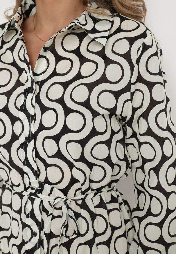 Born2be - Beżowo-Czarna Bawełniana Sukienka Mini w Geometryczny Wzór Frenia. Kolor: beżowy. Materiał: bawełna. Długość rękawa: długi rękaw. Wzór: geometria. Typ sukienki: rozkloszowane, koszulowe. Styl: elegancki. Długość: mini