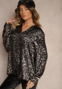 Renee - Czarna Casualowa Koszula w Panterkę Ninetia. Okazja: na co dzień. Typ kołnierza: dekolt w serek. Kolor: czarny. Materiał: jeans. Długość rękawa: długi rękaw. Długość: długie. Wzór: motyw zwierzęcy. Styl: casual