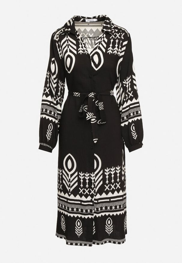 Born2be - Czarna Sukienka Koszulowa w Etno Wzór z Paskiem Avierira. Okazja: na co dzień. Kolor: czarny. Materiał: wiskoza, materiał. Typ sukienki: koszulowe. Styl: etno