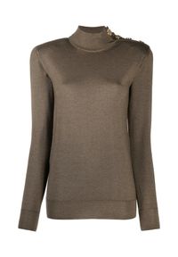 Balmain - BALMAIN - Wełniany sweter z kolorze khaki. Okazja: na spacer. Typ kołnierza: golf. Kolor: brązowy. Materiał: wełna. Długość rękawa: długi rękaw. Długość: długie. Sezon: jesień