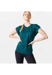 DOMYOS - Koszulka fitness damska Domyos krótki rękaw. Kolor: zielony. Materiał: materiał, poliester, elastan. Długość rękawa: krótki rękaw. Długość: krótkie. Sport: fitness #1