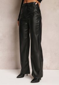 Renee - Czarne Szerokie Spodnie High Waist z Imitacji Skóry Curbelo. Stan: podwyższony. Kolor: czarny. Materiał: skóra