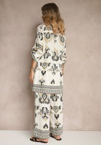 Renee - Beżowo-Czarny Komplet z Wiskozą Szerokie Spodnie i Bluzka w Stylu Boho Rinadora. Kolor: beżowy. Materiał: wiskoza