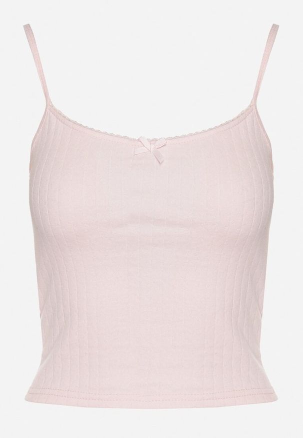 Born2be - Różowy Prążkowany Top z Wiskozą na Ramiączkach Zdobiony Kokardką Iffomare. Okazja: na co dzień. Typ kołnierza: kokarda. Kolor: różowy. Materiał: prążkowany, wiskoza. Długość rękawa: na ramiączkach. Wzór: aplikacja. Styl: casual, elegancki, klasyczny