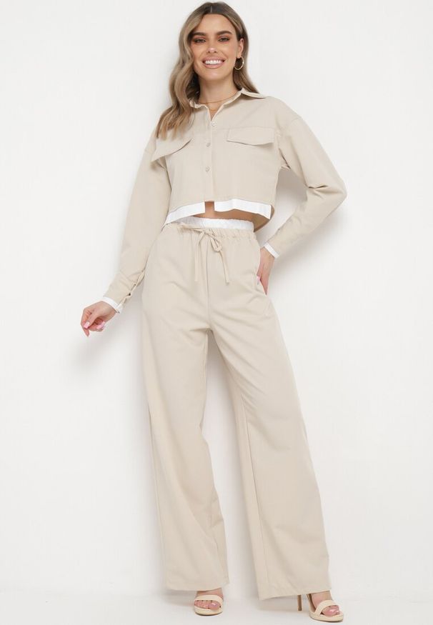 Born2be - Beżowy Komplet w Stylu Utility Krótka Koszula i Szerokie Spodnie z Gumką w Pasie Lysianne. Kolor: beżowy