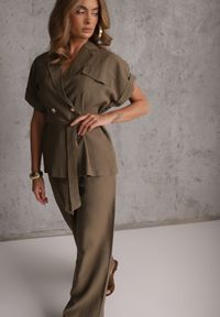 Renee - Zielony Wiskozowy Komplet z Lnem Spodnie Wide Leg i Bluzka o Kroju Marynarki Daprise. Kolor: zielony. Materiał: wiskoza, len #1