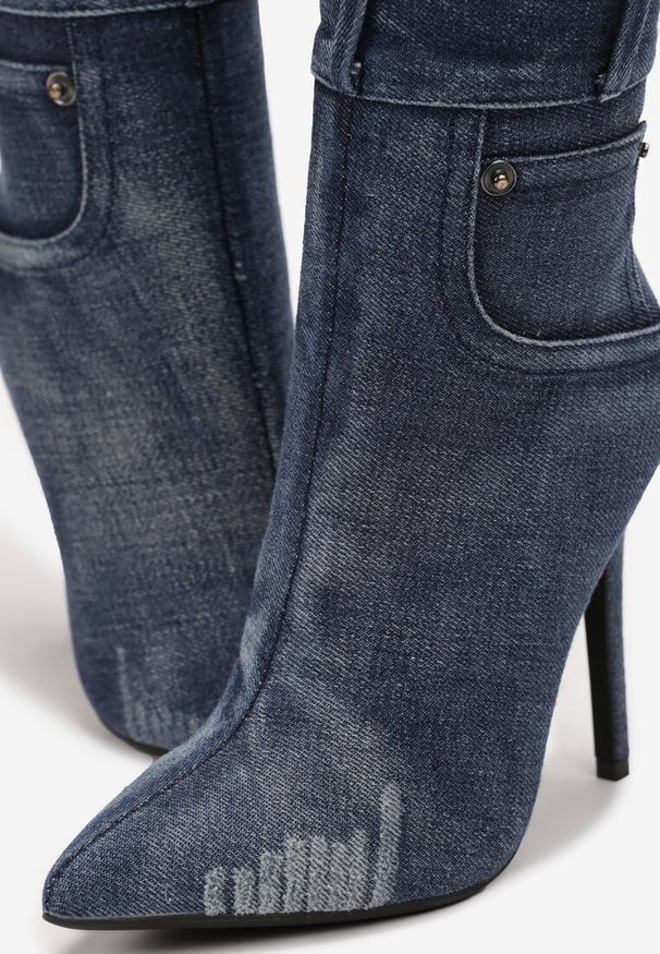 Renee - Niebieskie Jeansowe Kozaki przed Kolano na Szpilce Tusmma. Wysokość cholewki: przed kolano. Kolor: niebieski. Materiał: jeans. Obcas: na szpilce