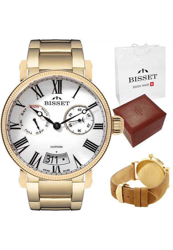 Szwajcarski zegarek męski Bisset szafirowe szkło ZESTAW. Kolor: niebieski