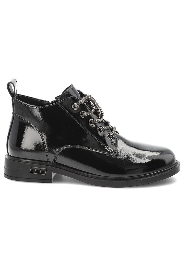 Czarne Botki S.Barski Modne Buty Damskie. Okazja: na co dzień. Zapięcie: sznurówki. Kolor: czarny. Materiał: lakier, skóra. Styl: casual