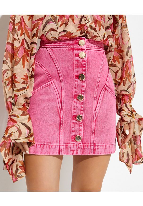 ACLER AUSTRALIA - Różowa spódnica mini z jeansu Florence. Stan: podwyższony. Kolor: różowy, wielokolorowy, fioletowy. Materiał: jeans. Sezon: lato