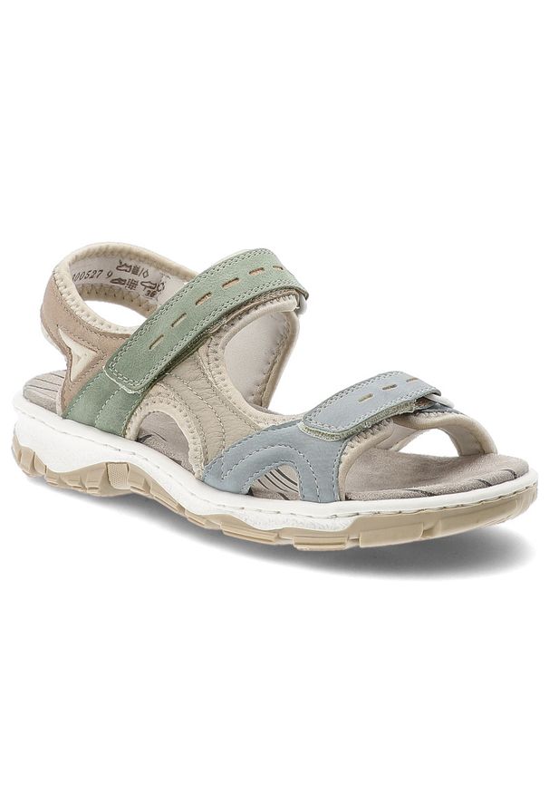 Sandały damskie Rieker, cholewka ze skóry ekologicznej z kolorowymi wstawkami regulowanymi paskami na rzep odkryty fason, kolorowe, 68866-94. Zapięcie: rzepy. Materiał: skóra ekologiczna. Wzór: kolorowy