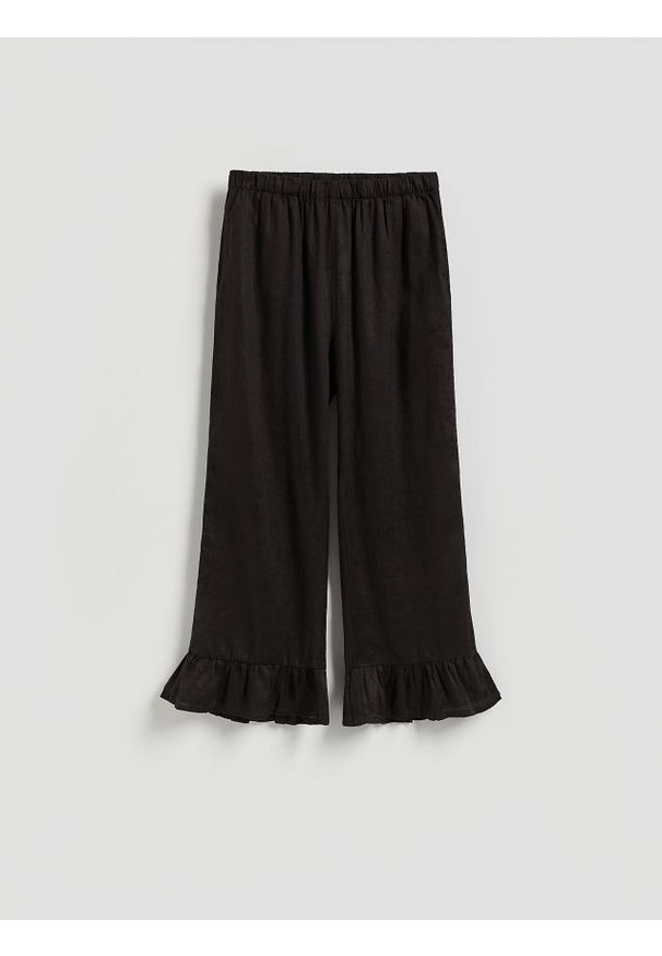 Reserved - Lniane spodnie z falbankami - ciemnobrązowy. Kolor: brązowy. Materiał: len